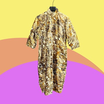 二手 古董訂製 奶棕咖 絨布 緹花 五分袖 旗袍 CA404