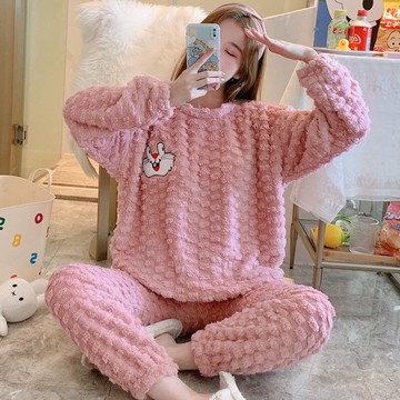 珊瑚絨睡衣女士秋冬加厚華夫格休閑大碼時尚舒適提花絨家居服套裝
