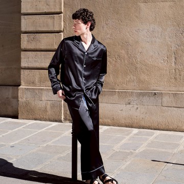 NotJustPajama心動博物館 愛心電波真絲男士長袖長褲睡衣套裝 - 黑色-M