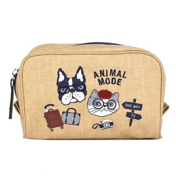 Kusuguru Japan日本眼鏡貓零錢手機包 帆布質感化妝包小物包-米黃