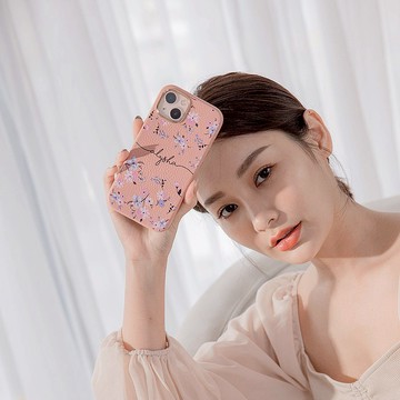 紫粉碎花 蜜荔殼 蜜荔粉天然皮革殼 - iPhone客製化手機殼