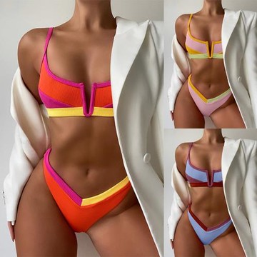 歐美性感三點式吊帶分體泳衣拼色比基尼Triangle bikini swimsuit