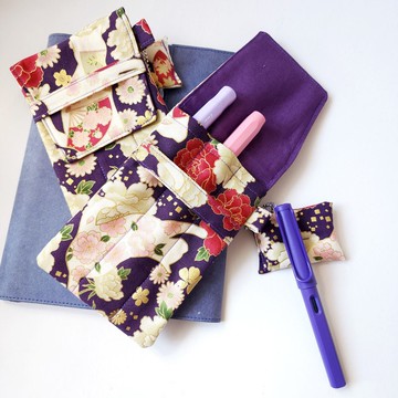 3枝裝鋼筆筆套, 和風布筆袋--深紫日本貓咪