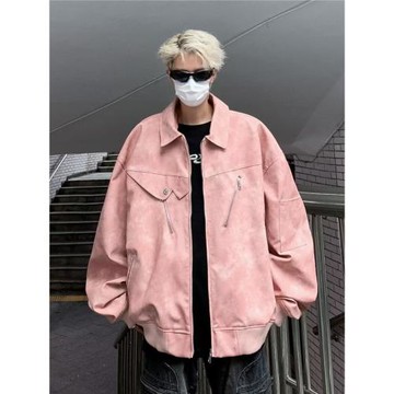 復古粉色麂皮絨PU皮外套男裝春秋季高街痞帥炸街工裝運動皮夾克衫