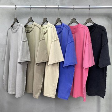 重磅美式250G洗水做舊染色散邊復古t恤oversize寬松做舊情侶短袖