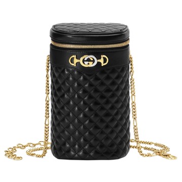 【GUCCI 古馳】572298 經典ZUMI系列金色LOGO絎縫皮革圓筒拉鍊肩背/斜背包(黑色)