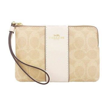 COACH 經典LOGO直條緹花皮革系列拉鍊手拿包 沙色x米白色 CW854 IMXDM