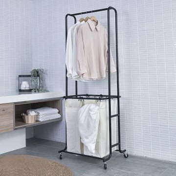 【H&R安室家】多功能雙層衣架 曬衣架 洗衣籃滑輪推車 BN141