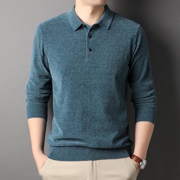 春秋季毛衣男雪尼爾針織衫T恤純色翻領爸爸Polo衫長袖打底衫上衣