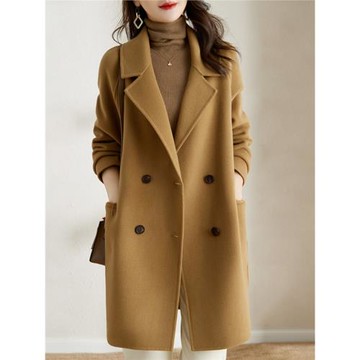 時尚朗姿2025秋冬新款駝色雙面羊絨女大衣繭型寬松顯瘦毛呢外套