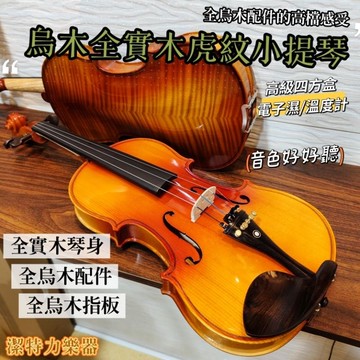 【潔特力樂器】台灣現貨 老闆是老師 全實木烏木虎紋小提琴 全烏木配件 電子濕度計四方盒 全實木音色好聽 初學小提琴 特價