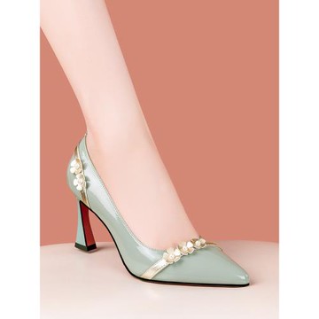 漆皮尖頭淺口優雅高跟鞋女細跟單鞋女2025春夏花朵仙女風女鞋