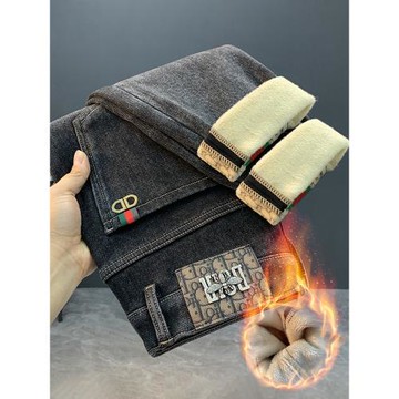 高端印花加絨牛仔褲男冬季2025新款潮牌男士帶絨加厚修身小腳長褲