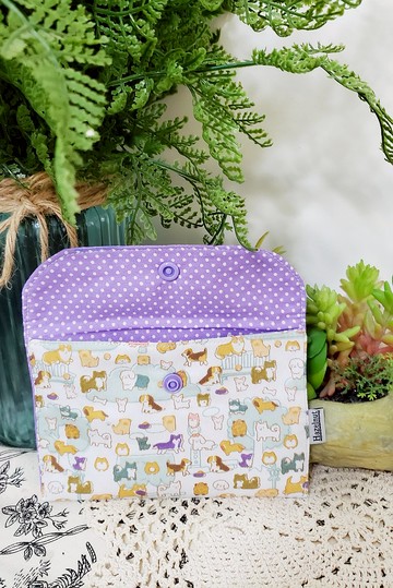 可愛小狗紫色波點圖案小收納袋小卡片包小物包零錢包
