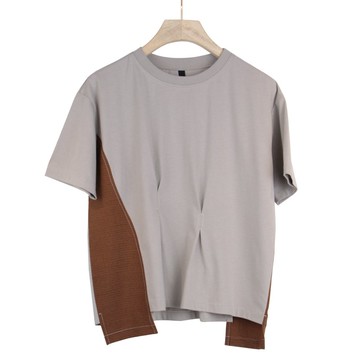 卡其灰/咖 - 前後抓褶拼色造型上衣 #U1178