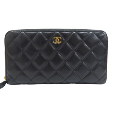 【二手名牌BRAND OFF】CHANEL 香奈兒 黑色 羊皮 拉鍊長夾 金扣