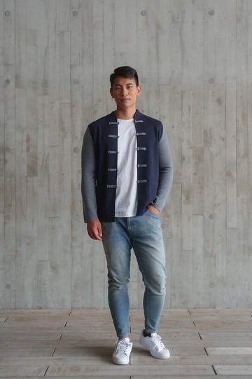 100% 美利奴羊毛唐裝外套 (深藍色/灰色) |香港設計|經典