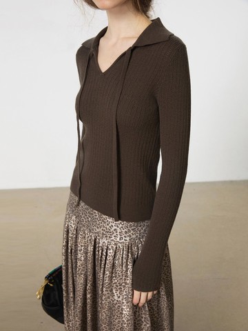 深咖啡 美拉德翻領造型飄帶疊穿針織衫
