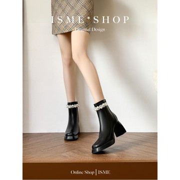 短靴高跟百搭氣質時尚防水臺靴方頭粗跟新款珍珠鏈2024年設計感小