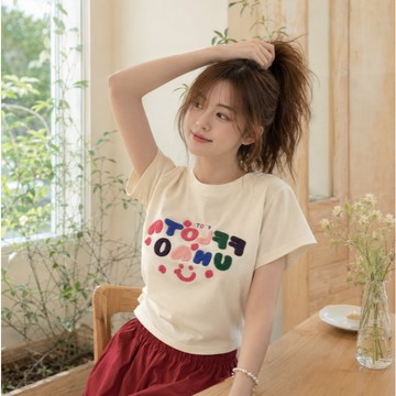 【PING'S🌞】夏季 甜妹短版上衣 韓版上衣 夏日女裝 短袖t恤女  日系女裝 短袖t恤女 日系女裝夏天 多巴胺女裝