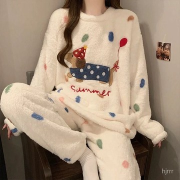 珊瑚絨女士睡衣秋冬季天加絨加厚家居服簡約法蘭絨套裝 可愛卡通睡衣 長袖長褲加絨睡衣 情侶睡衣 加厚加絨睡衣
