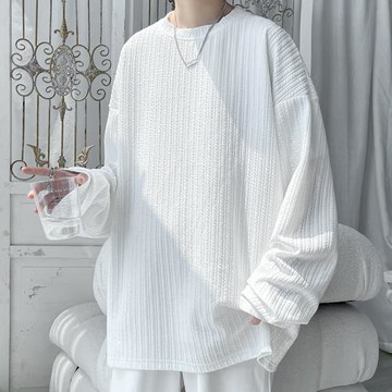 白色長袖t恤男高級感肌理感上衣春秋潮流簡約寬松圓領體恤打底衫