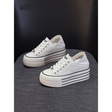 內增高8cm真皮小白鞋女春款低幫厚底兩穿一腳蹬懶人松糕減齡板鞋