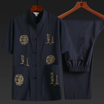唐裝套裝短袖漢服-文字刺繡寬鬆長褲男裝4色74fo15【獨家進口】【米蘭精品】