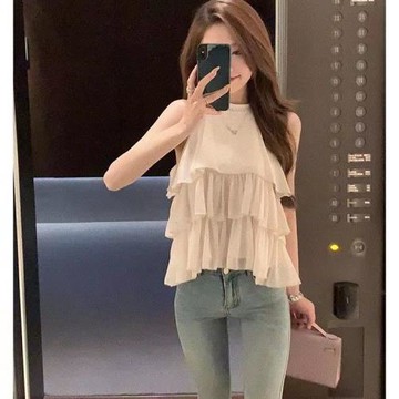 2025新款韓版水鉆掛脖荷葉邊上衣女夏超仙溫柔風富家千金甜美小衫