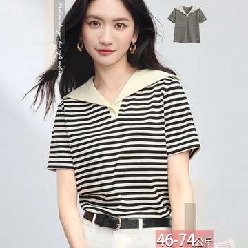 海軍領橫條紋撞色正肩上衣上衣 M-2XL【845447X】【現+預】☆流行前線☆