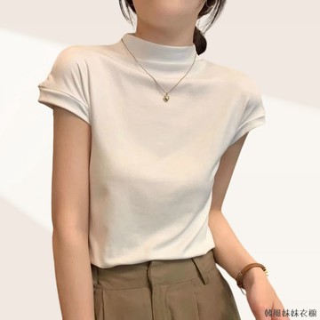 女生上衣 薄款上衣 夏季T恤 半高領上衣 薄款半高領修身短袖女t恤夏季純色百搭半袖氣質黑色緊身顯瘦上衣 HP8812