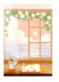 窗邊小貓無框掛畫