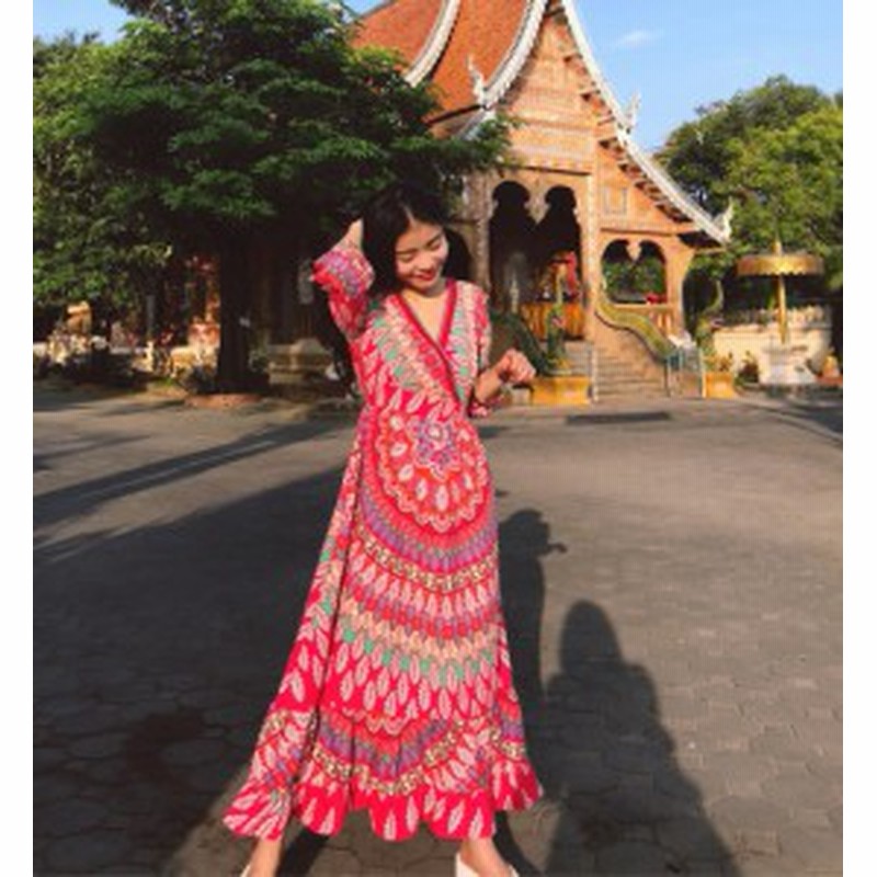 オリエンタル柄カシュクールマキシ丈ドレス ワンピース エスニック柄 ロング丈 赤 レッド ボリュームスカート カジュアル リゾー 通販 Lineポイント最大1 0 Get Lineショッピング