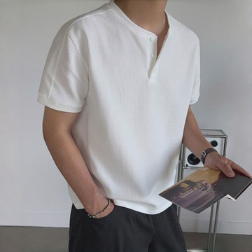 正韓極簡修身棉料華夫格亨利領短袖上衣 5色 YUPPIE 預購商品 0622