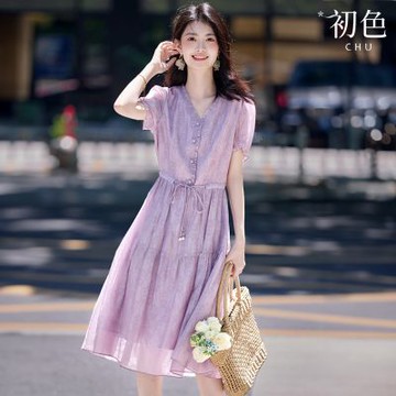 初色 歐風純色皺褶V領繫帶印花短袖連衣裙連身洋裝長裙-紫色-14152(M-2XL可選)