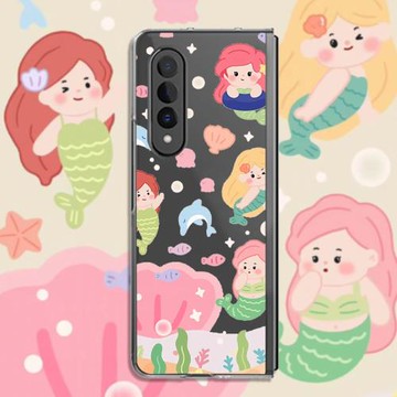 珍珠貝美人魚適用三星fold4手機殼折疊屏fold3保護套fold2情侶W23翻蓋透明Galaxy Z Fold5全包防摔女可愛卡通