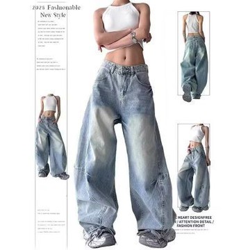 大美妞★現+貨 美式牛仔褲 彎刀牛仔褲 新款寬鬆長褲 牛仔寬褲 闊腿褲 闊腿牛仔褲 修身顯瘦牛仔褲 破洞牛仔褲