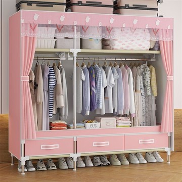 出租屋鋼管加粗布衣櫃 臥室家用簡易衣櫃 雙人兒童經濟型衣櫥  抽屜式簡易衣櫃 組閤式衣櫃 布衣櫃 出租屋宿捨 組裝衣櫃