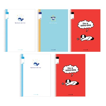 Morning Glory 填充系列 小學3-6年級 23行線圈筆記本 A款 5入混合組  1組  鯨魚 貓和狗