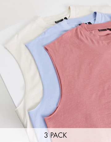 ASOS DESIGN 3 pack oversized vest in cream, blue and pink-Multi