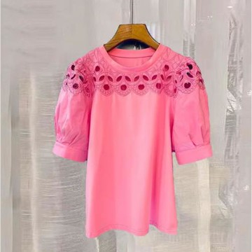 2025夏季新款高品質刺繡鏤空蕾絲泡泡袖襯衫圓領短袖T恤港風上衣
