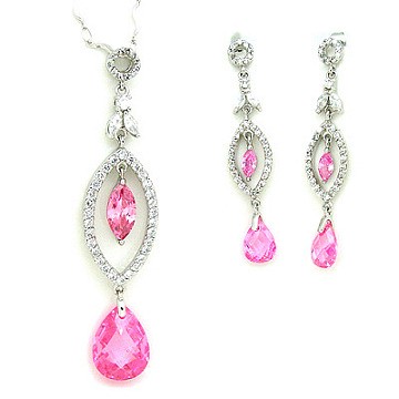 【Charme】流葉飛舞 優雅粉 鋯石項鍊耳環套組