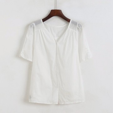 V領紐扣開衫小衫短袖棉寬松打底衫上衣純色夏季新款襯衫E/16-3