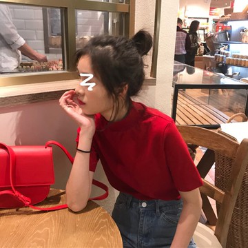 純色磨毛短袖t恤女裝短款修身顯瘦半高領上衣服夏季新款ins潮