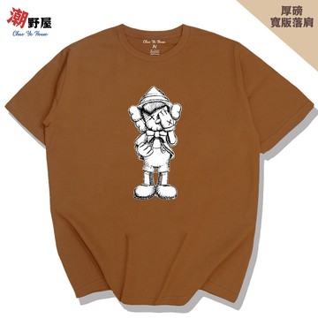 潮野屋 小木偶遮眼 素描版 厚磅寬鬆短T 韓版落肩T恤 衣服 短袖上衣 歐美 潮T 可愛 潮流 創意 WHS-557