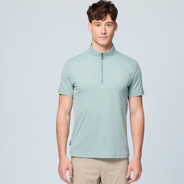 【WILDLAND荒野】男生態ZIP領抗UV彈性短袖機能衣150 灰濛綠