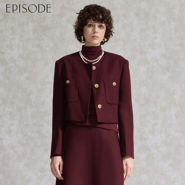 EPISODE - 百搭氣質圓領雙口袋羊毛長袖外套（酒紅）E44025