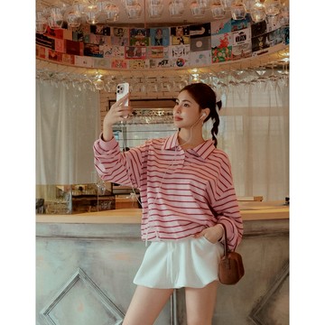 AIR SPACE LADY 橫條紋長袖寬版POLO衫(藍/粉紅) 女裝 現貨
