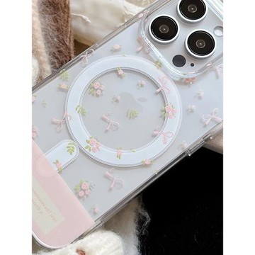 ins風春天粉色小花適用于iPhone15/16/17PROMAX/蘋果14PRO磁吸手機殼13透明