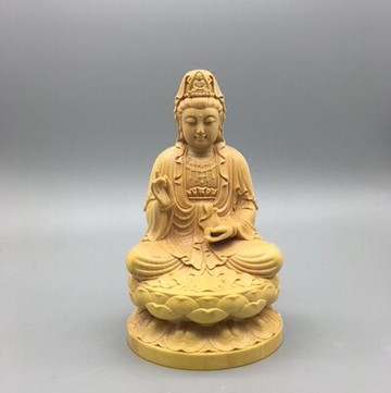 小葉黃楊木雕坐蓮觀音菩薩擺件文玩手把件辦公室裝飾品佛像車擺件1入
